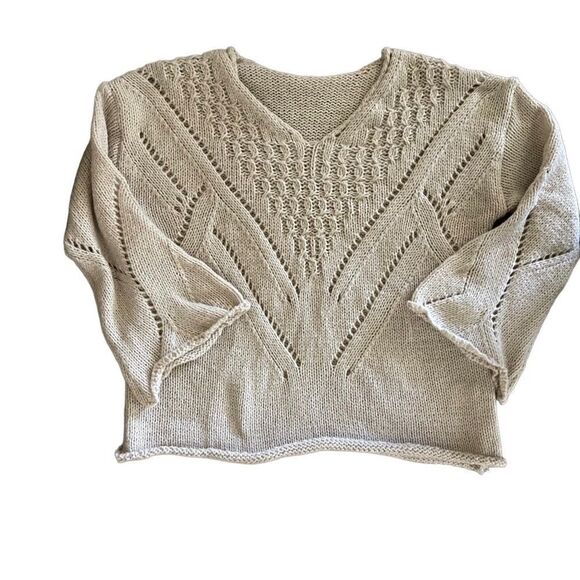 Paille V neck loose pullover casual knitted sweater hollow out chic khaki sz M - Picture 9 of 14